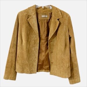 i. e. Fully Lined Suede Jacket with Front Pockets and Notched Lapel Collar Camel